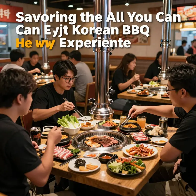 Overview of a busy Korean BBQ restaurant with diners grilling meats and enjoying a variety of dishes, reflecting the vibrant atmosphere.