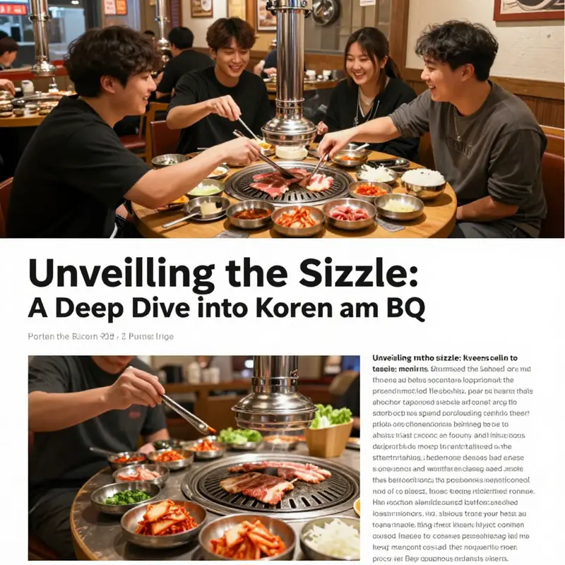 A vibrant depiction of a Korean BBQ dining scene with patrons grilling meats and enjoying a communal meal.