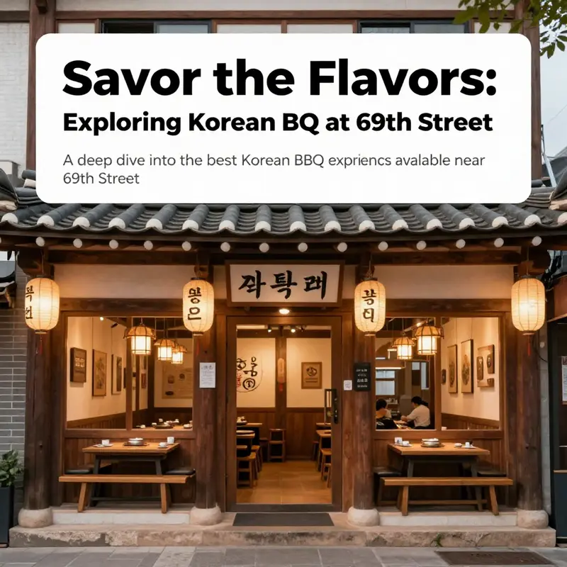 A beautiful exterior view of a Korean BBQ restaurant, showcasing its traditional design and warm ambiance.