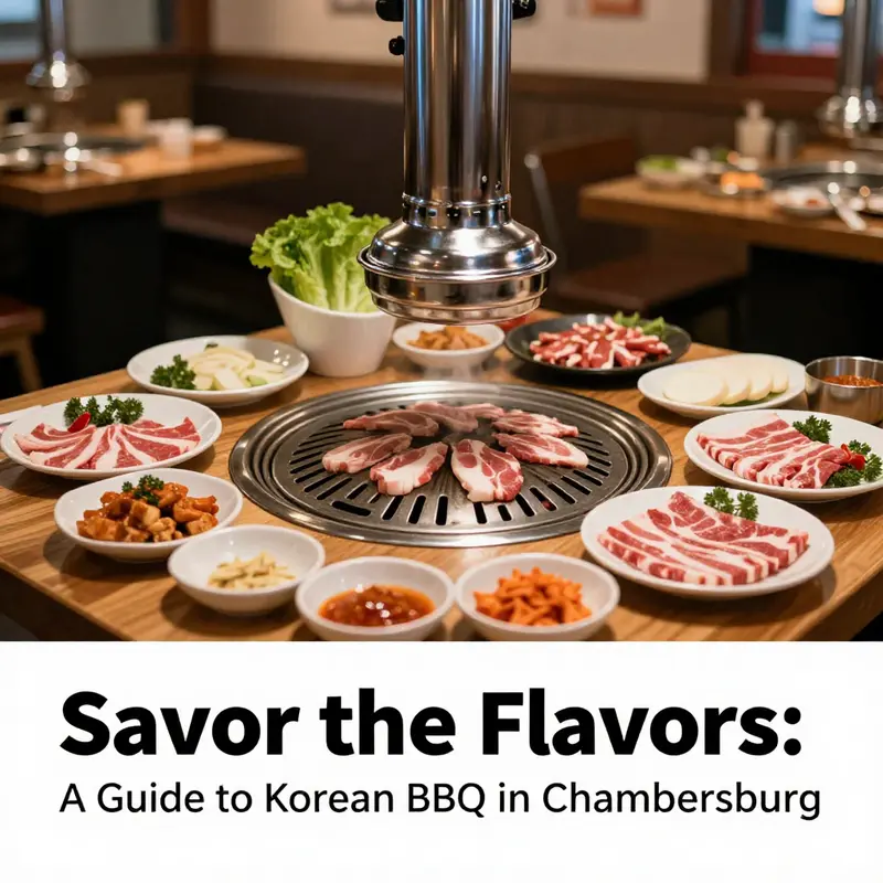 A vibrant display of grilled meats and traditional Korean side dishes at a top-rated restaurant in Chambersburg.