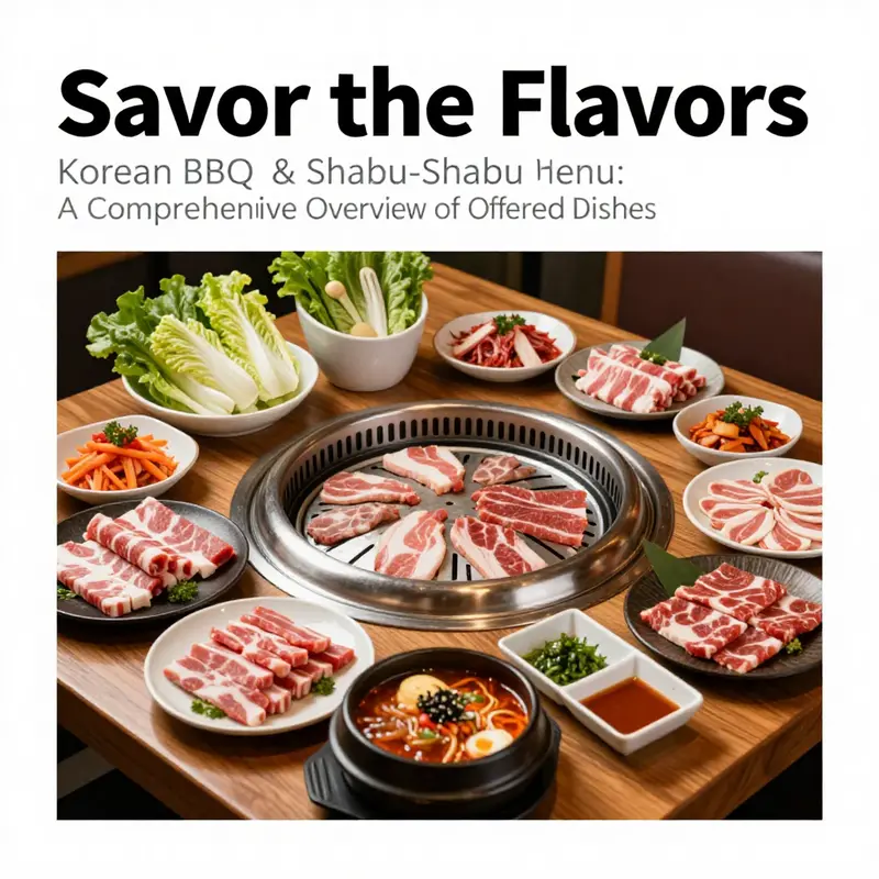 An enticing array of dishes from Korean BBQ and Shabu-Shabu featuring meats, vegetables, and assorted side dishes.
