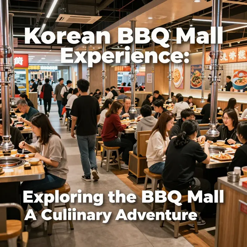 A view of a shopping mall showcasing Korean BBQ restaurants, focusing on the lively interaction between diners and shoppers.