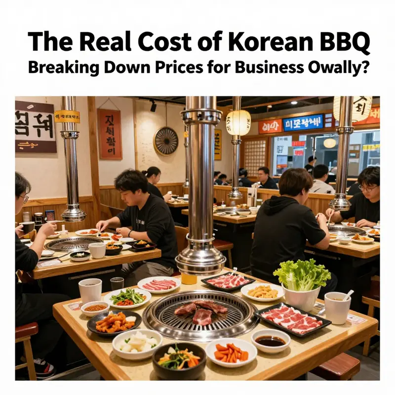 A lively Korean BBQ restaurant scene in South Korea, emphasizing the dining experience and local pricing.