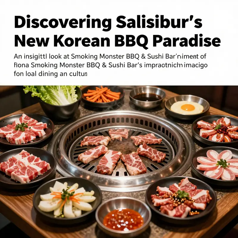 A colorful Korean BBQ spread featuring grilled meats and assorted sides.