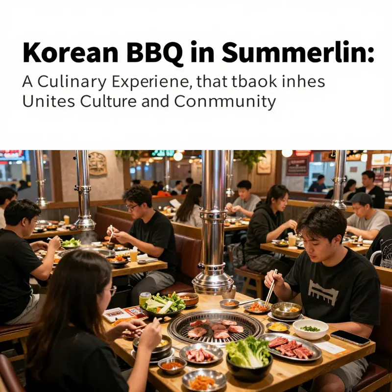 A vibrant Korean BBQ restaurant bustling with customers, grilling meats, and sharing meals.