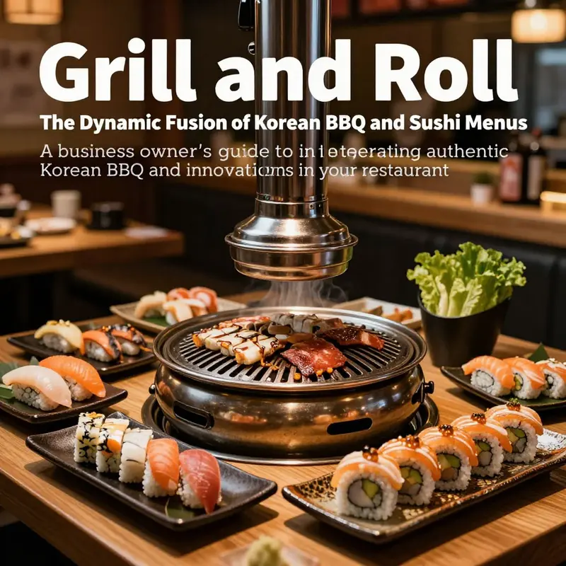 A grill for Korean BBQ alongside a sushi bar, illustrating the fusion of these two culinary arts.