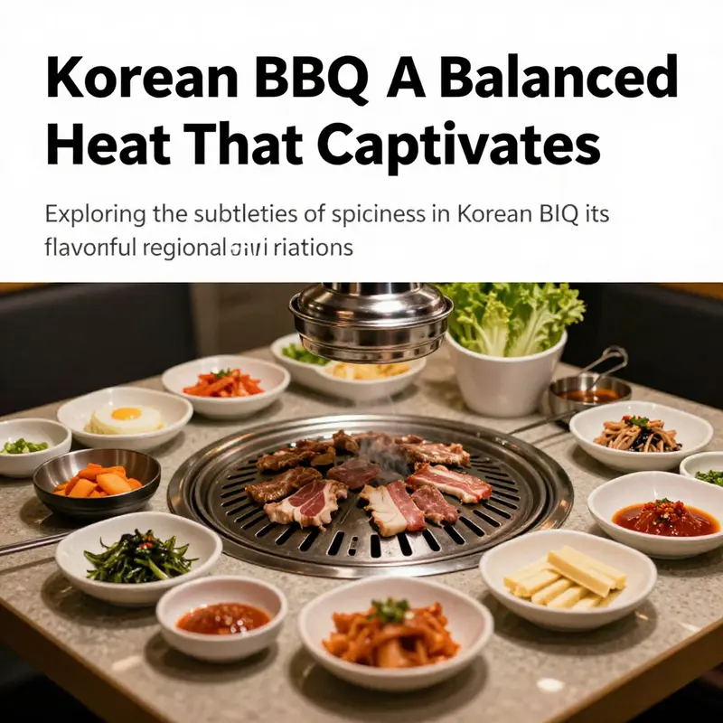 A table set for Korean BBQ with grilled meats and an array of colorful dishes, reflecting the communal dining experience.