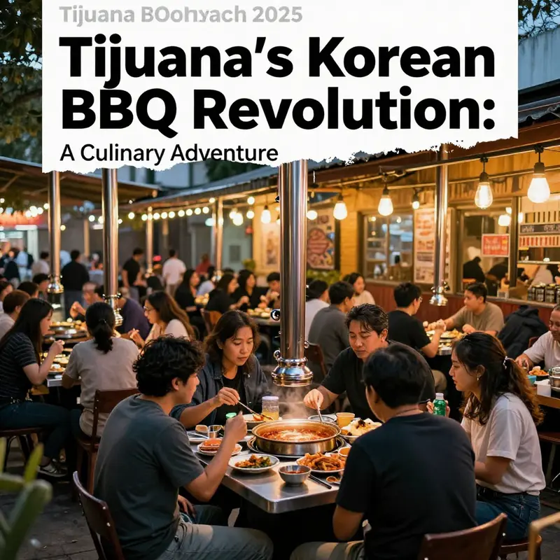 An outdoor dining scene in Tijuana featuring diners enjoying Korean BBQ under twinkling lights.
