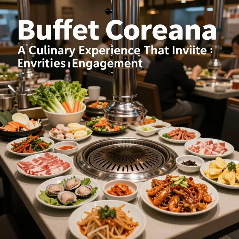 A vibrant Korean buffet with colorful dishes and a grill, set in a bustling restaurant environment.