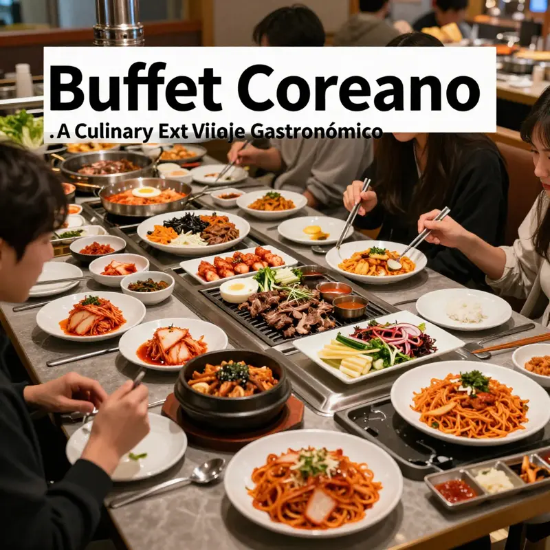 A feast of Korean delights showcasing the interactive dining experience of a Korean buffet.