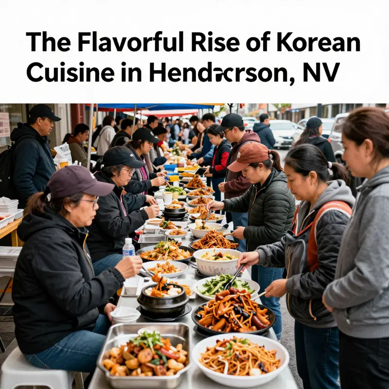 Diners enjoying a variety of dishes in a bustling Korean restaurant in Henderson, NV.