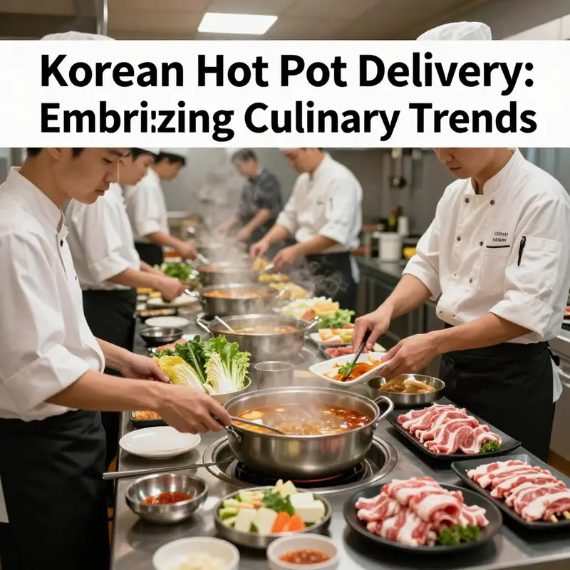 Chefs prepare vibrant ingredients and broth for Korean hot pot delivery, showcasing the freshness and variety of offerings.