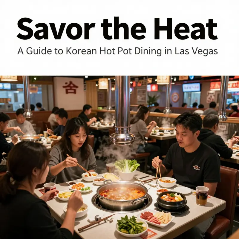 A vibrant interior of a Korean hot pot restaurant in Las Vegas filled with diners enjoying communal pots of bubbling broth and colorful ingredients.