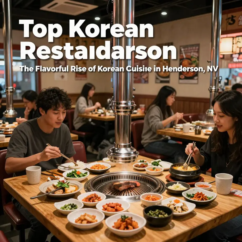 Diners enjoying a variety of dishes in a bustling Korean restaurant in Henderson, NV.
