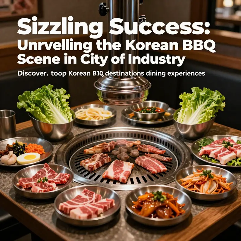A beautifully arranged table with a variety of Korean BBQ dishes including grilled meats and traditional sides.