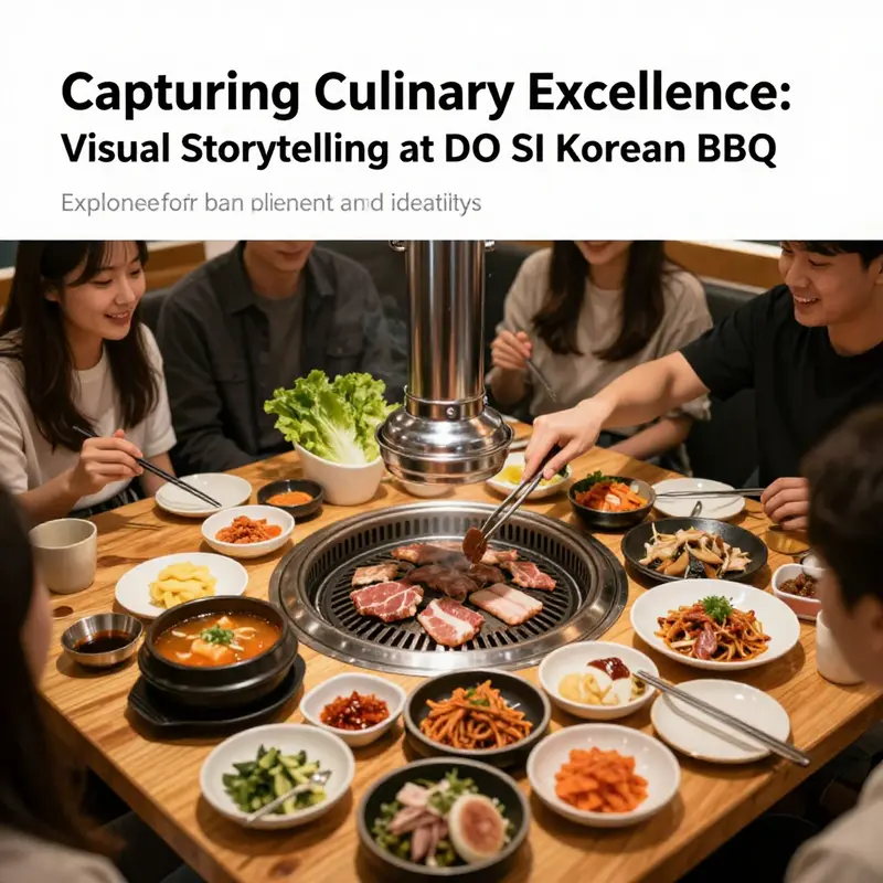 A table of delicious Korean BBQ with grilled meats and an array of colorful side dishes enjoyed by happy diners.