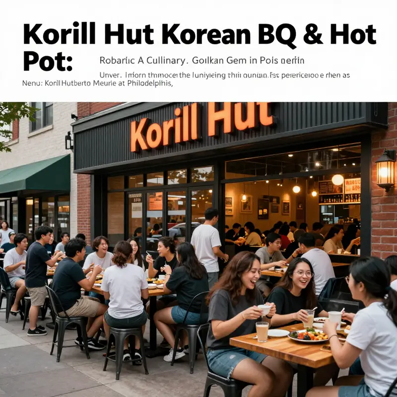 A busy exterior of Korill Hut Korean BBQ & Hot Pot with diners enjoying their meals outside.