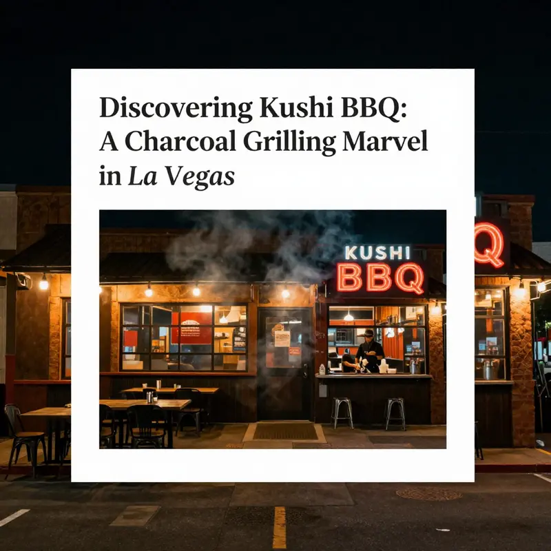 The exterior view of Kushi BBQ at night, illuminated by warm lights, creating an inviting atmosphere for diners.