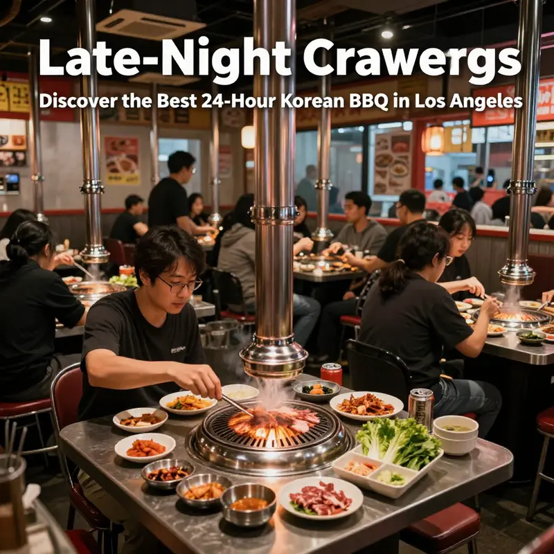 A lively scene from one of Los Angeles’ popular 24-hour Korean BBQ restaurants, filled with diners enjoying grilled meats and side dishes.