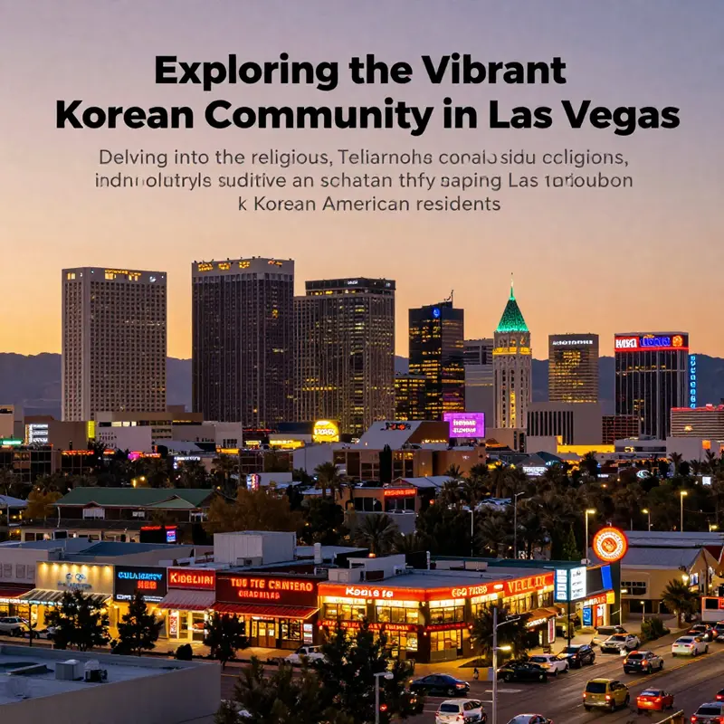 A stunning sunset view of the Las Vegas skyline, showcasing the lights of Korean restaurants and cultural centers.