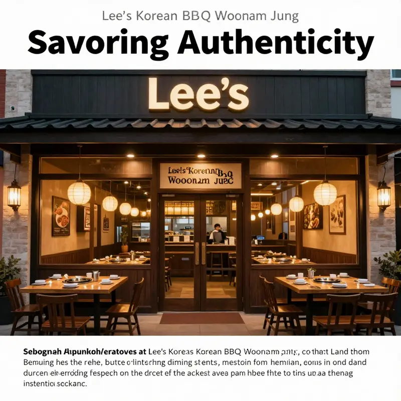 Exterior view of Lee's Korean BBQ Woonam Jung in Las Vegas, showcasing its inviting entrance and warm lighting.