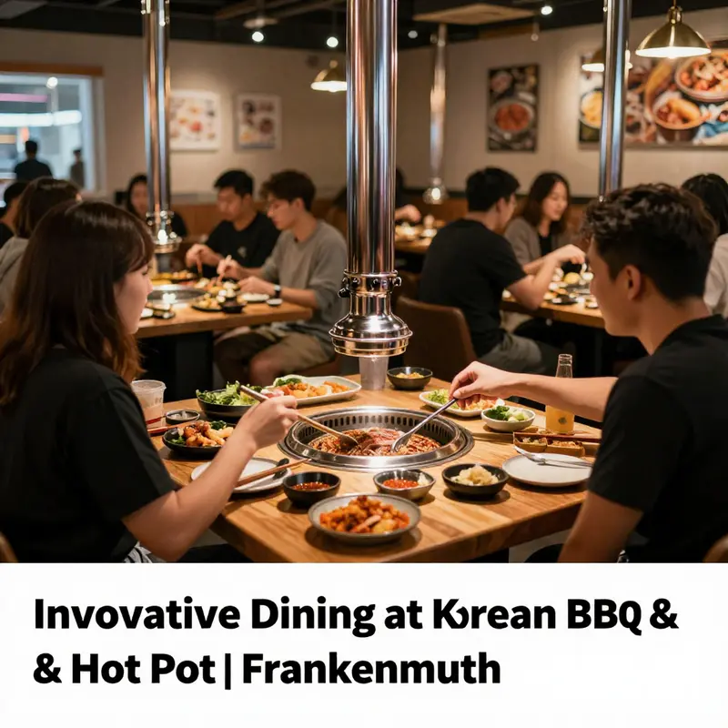 A dynamic cover image showing diners at MI POT enjoying Korean BBQ and hot pot, highlighting a lively restaurant atmosphere.