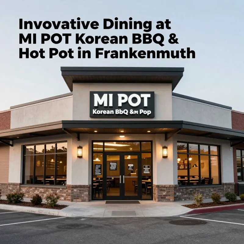 The inviting exterior of MI POT Korean BBQ & Hot Pot, highlighting its modern architecture.