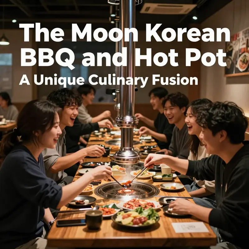 Diners enjoying the interactive experience of grilling meats and simmering broth at The Moon Korean BBQ and Hotpot.