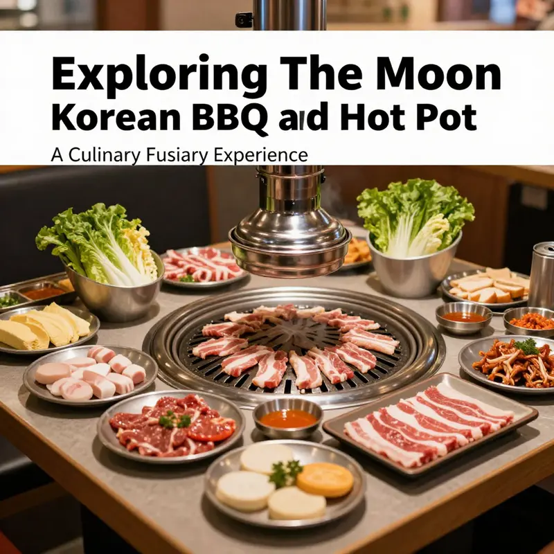 A diverse spread of grilled meats and fresh ingredients at The Moon, showcasing the unique fusion of Korean BBQ and hotpot.