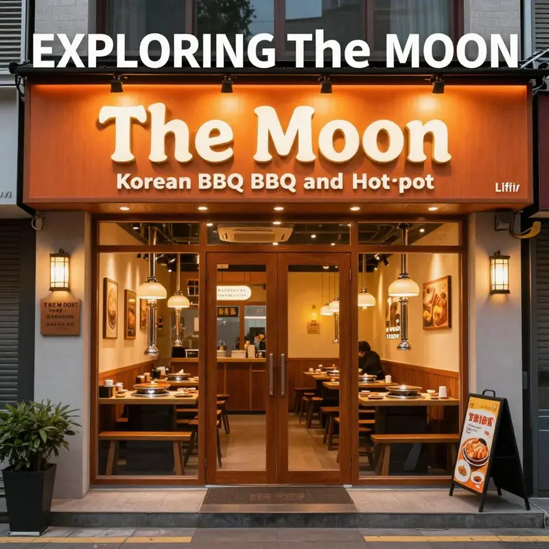 Exterior view of The Moon Korean BBQ and Hotpot, showcasing a vibrant environment inviting guests.