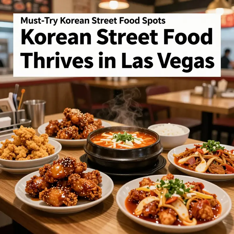 The vibrant scene of Korean street food vendors capturing the interest of locals and tourists in Las Vegas.