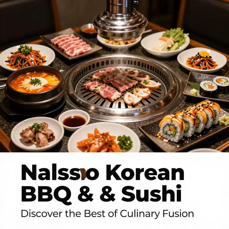 A vibrant display of Korean BBQ and Japanese sushi, symbolizing the unique culinary fusion at Nalsso.