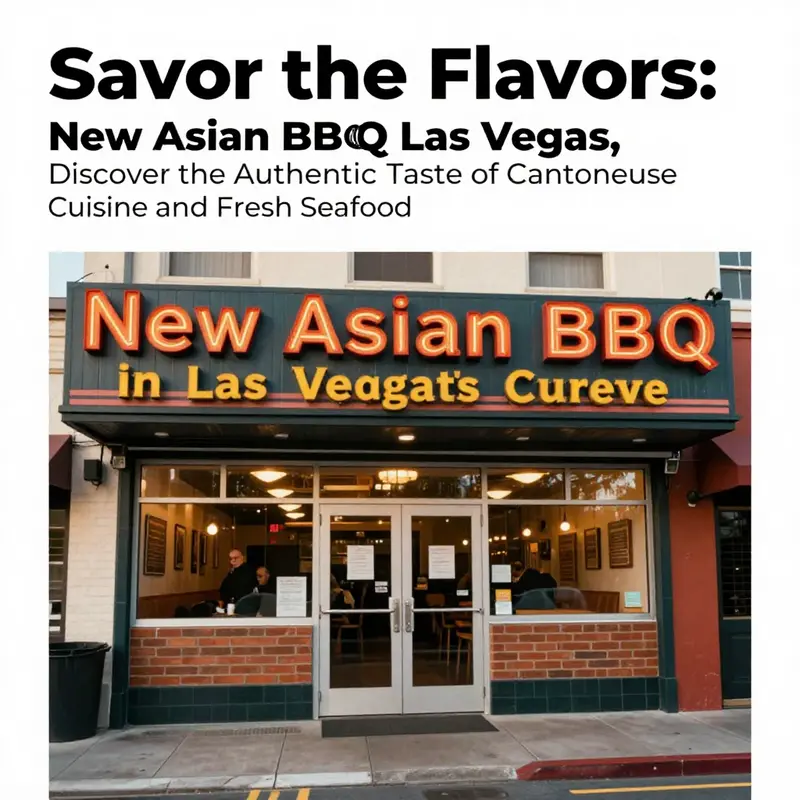 The exterior of New Asian BBQ restaurant in Las Vegas, featuring vibrant signage and an inviting entrance in Chinatown.