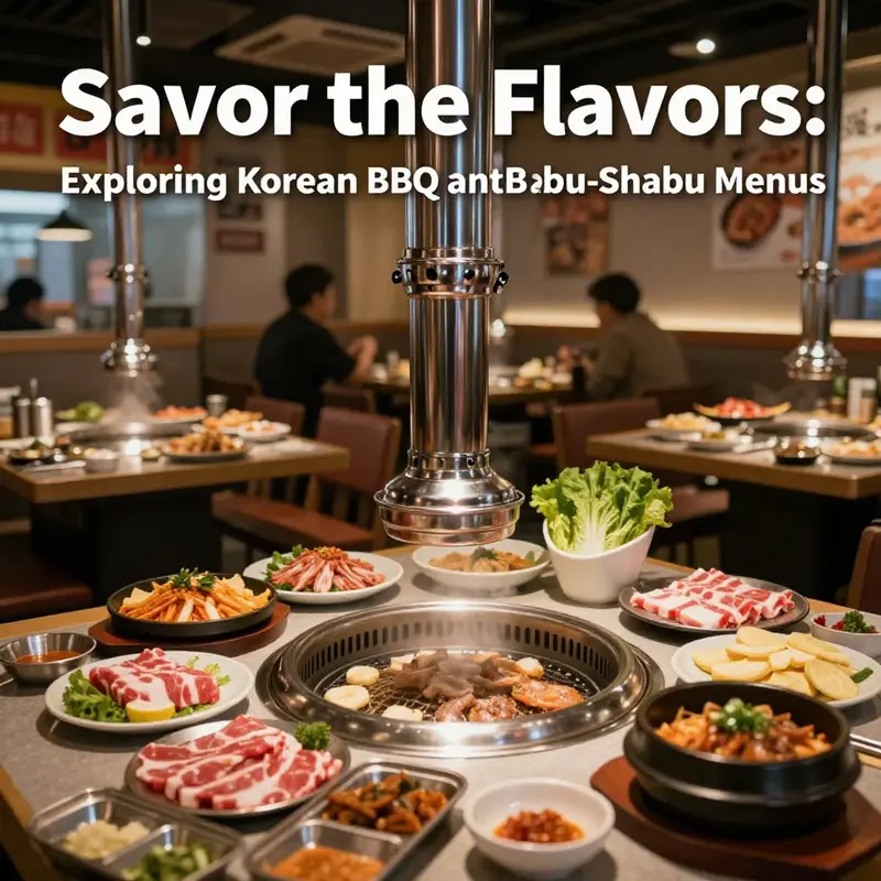 Inviting restaurant atmosphere with tables prepared for Korean BBQ and Shabu-Shabu, featuring colorful ingredients.