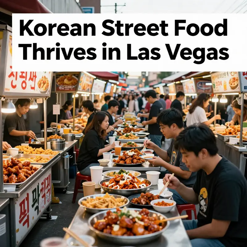 The vibrant scene of Korean street food vendors capturing the interest of locals and tourists in Las Vegas.