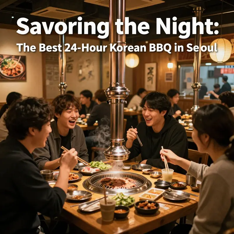 Din diners relishing Korean BBQ at Idaejo Bbyeodagui, capturing the excitement of a late-night culinary experience.