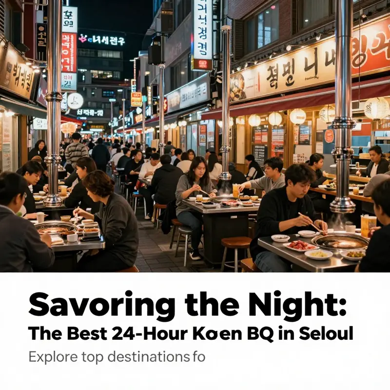 Exterior of a bustling Korean BBQ restaurant in Seoul at night with patrons enjoying their meals outside.