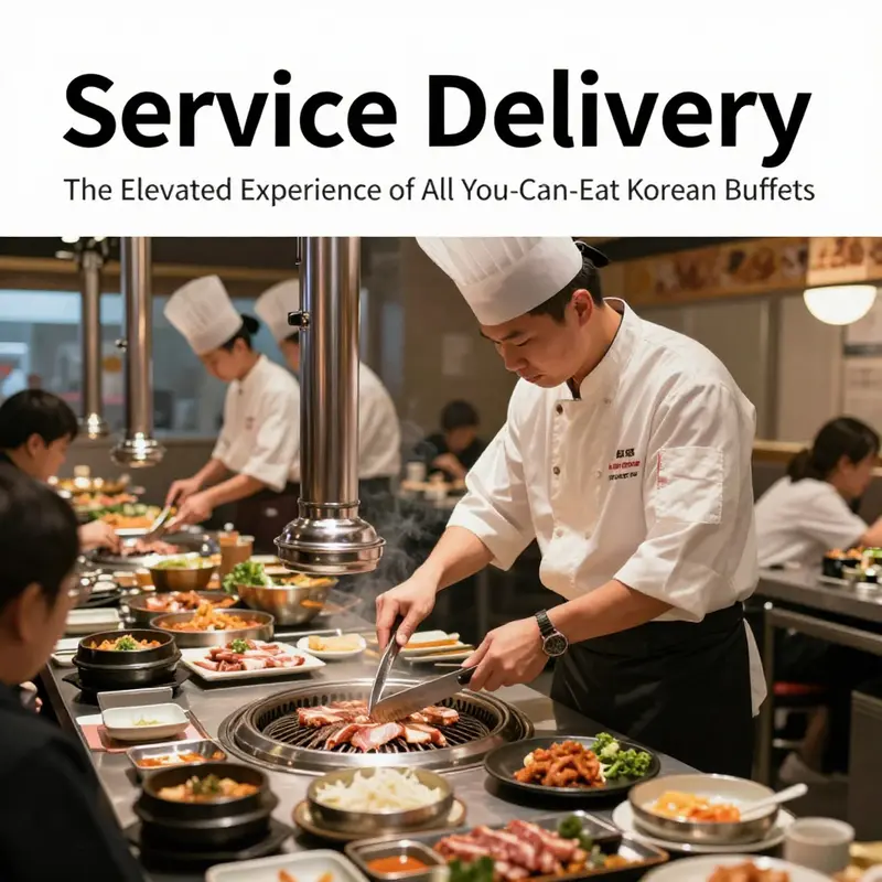 An expansive layout of an all-you-can-eat Korean buffet showcasing a variety of dishes.