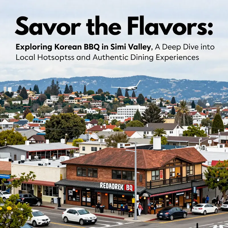 A lively view of Simi Valley featuring multiple restaurant options, with emphasis on Korean BBQ establishments.