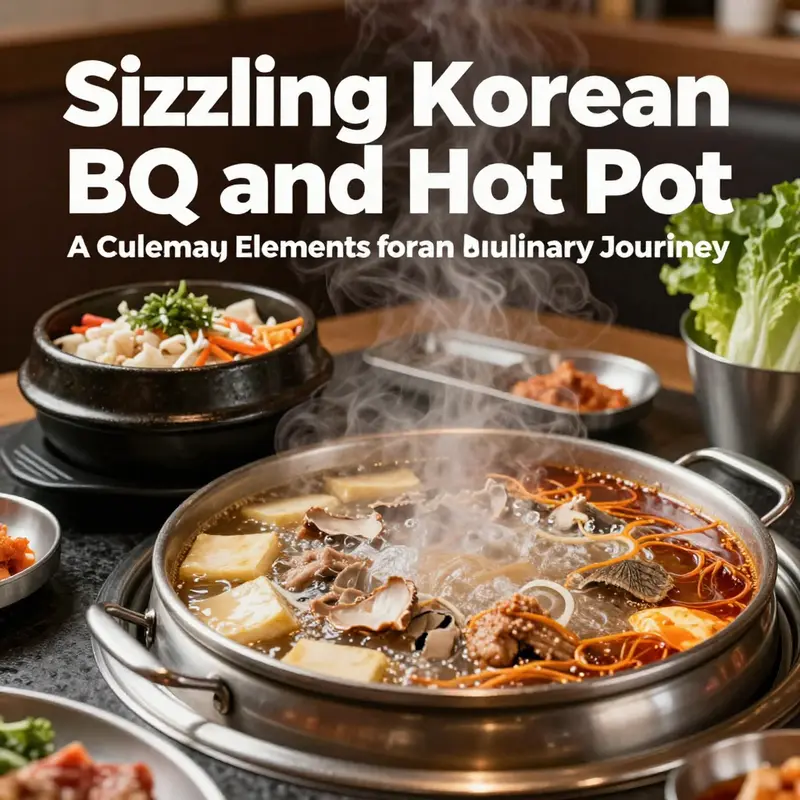 An inviting representation of Korean BBQ with sizzling meats and a hot pot filled with broth and vibrant ingredients.