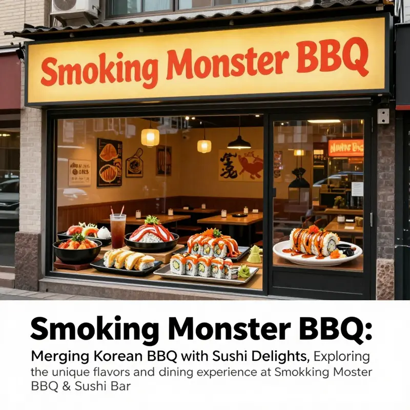 A photo of Smoking Monster BBQ's entrance highlighting its unique sign and delicious meals on display.