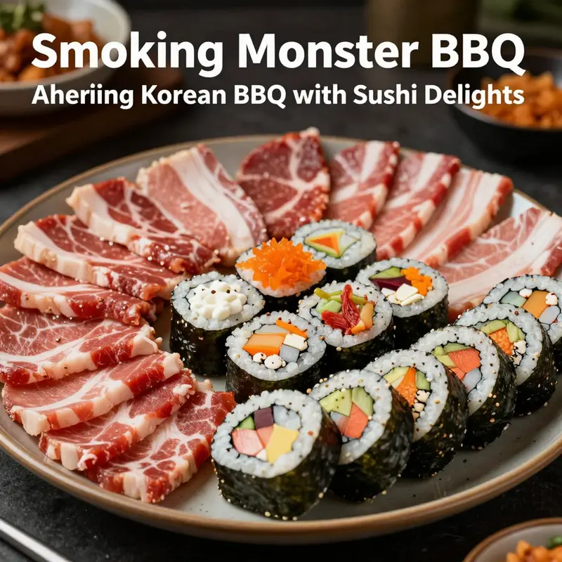 A vivid portrayal of the signature fusion dishes at Smoking Monster BBQ, merging the best of Korean BBQ and sushi.