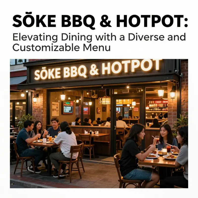 A lively exterior shot of SŌKE BBQ & HOTPOT with customers enjoying their time.