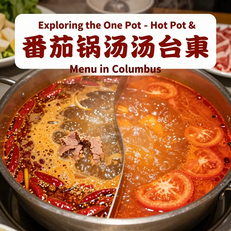 A comparison of Szechuan spicy beef fat soup base beside a bland tomato soup base, exemplifying the diverse flavors at One Pot.