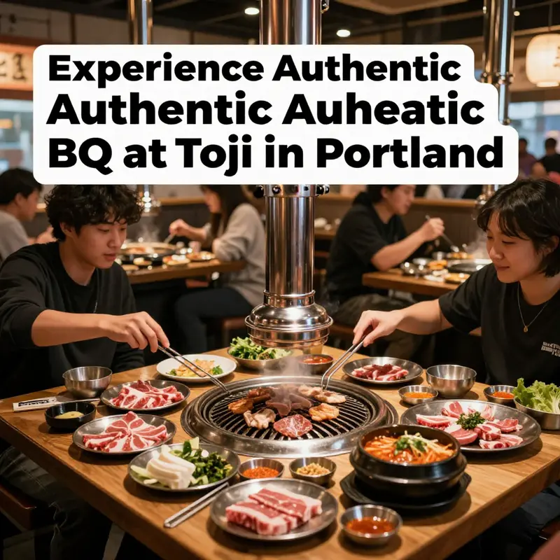 A lively Korean BBQ setting at Toji in Portland, showcasing a grill with meats, diners enjoying their meals, and an inviting atmosphere.