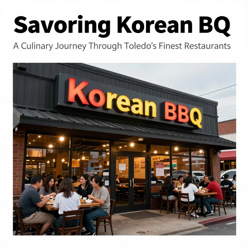 Exterior view of a Korean BBQ restaurant in Toledo with diners entering.