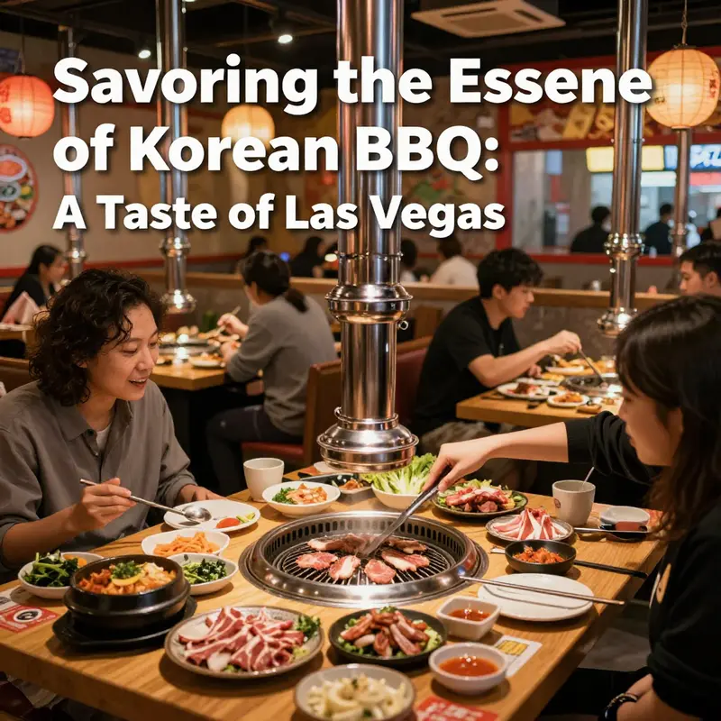 Diners enjoying the interactive experience of grilling Korean BBQ at a lively Las Vegas restaurant.