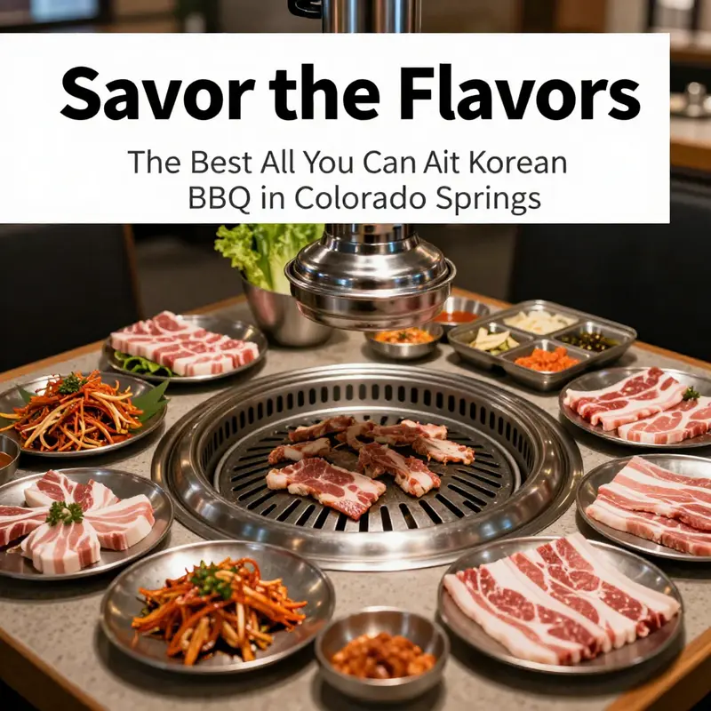 An array of marinated meats and banchan at an All You Can Eat Korean BBQ restaurant in Colorado Springs.