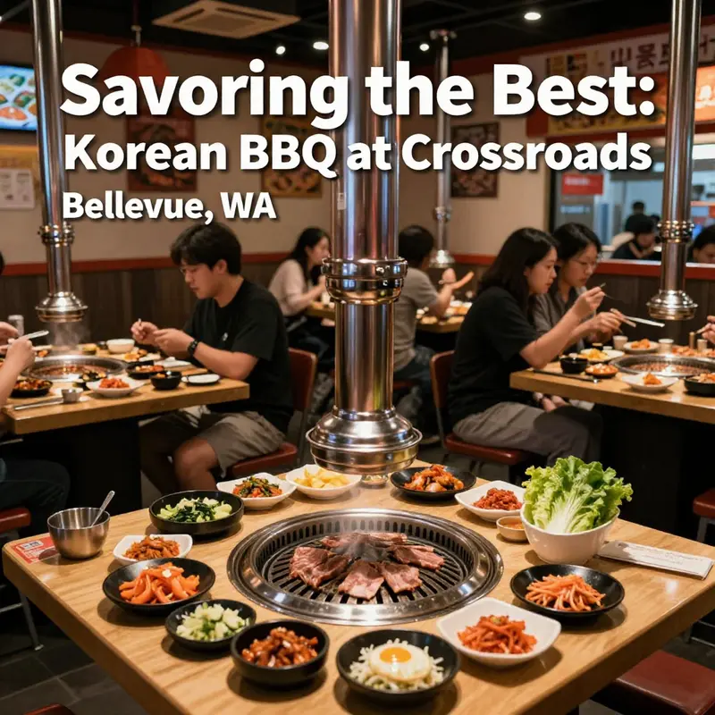 Diners enjoying a lively Korean BBQ experience with a variety of traditional dishes.