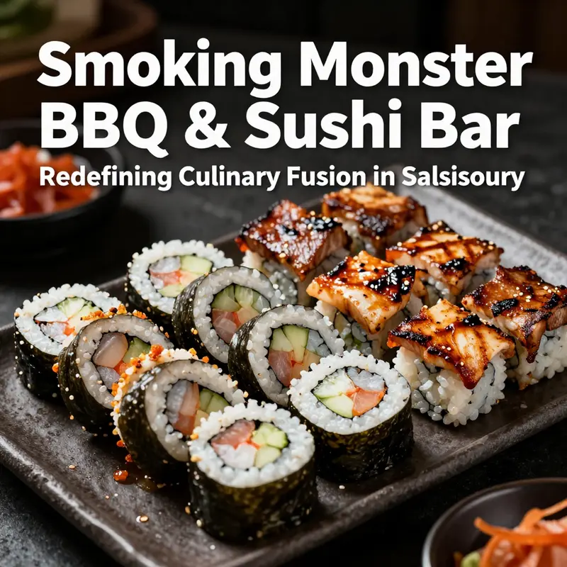 A colorful array of sushi rolls and grilled BBQ meats highlighting the restaurant’s innovative fusion concept.